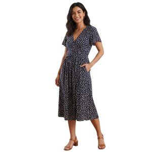 Madewell Floral V-Neck Midi Dress Navy White Short Flutter Sleeve Size L